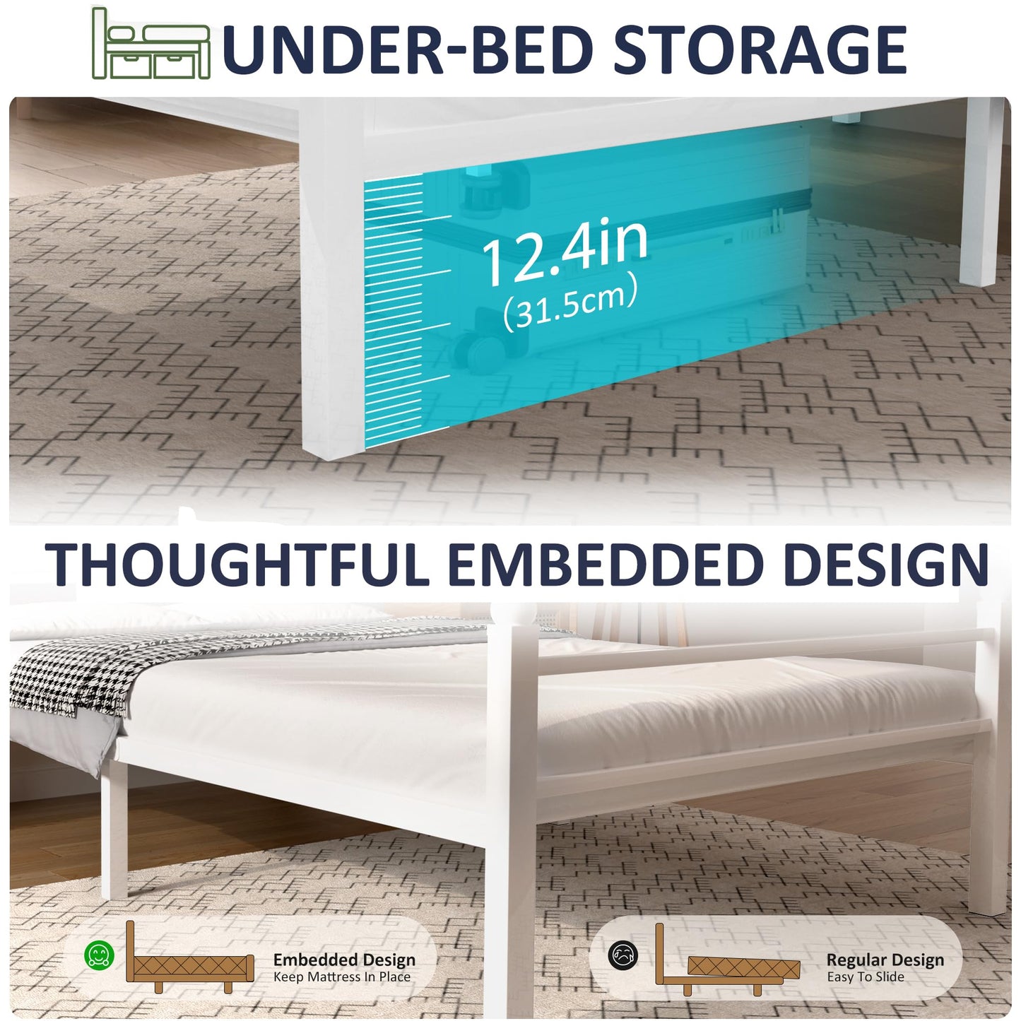 J.Fkne Twin Bed Frame with LED Lights & Charging Station, Metal Platform Bed with Headboard, Heavy Duty Metal Slats, No Box Spring Needed, Noise Free, Easy Assembly, White