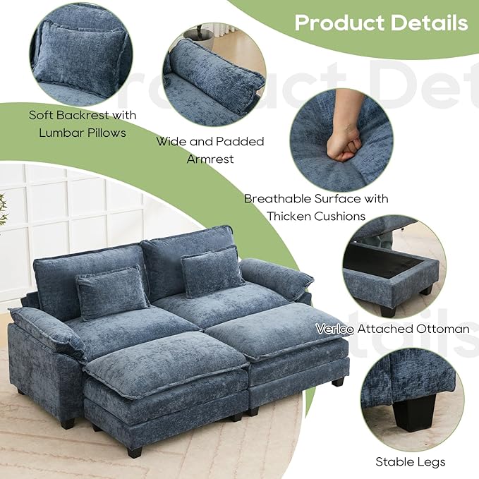 Oprisen 86" Modular Sectional Sofa, Comfy Cloud Couch Sectional Sofa with Ottoman, Chenille Sofa Sleeper Deep Seat Sofa with Throw Pillows for Living Room (Blue)