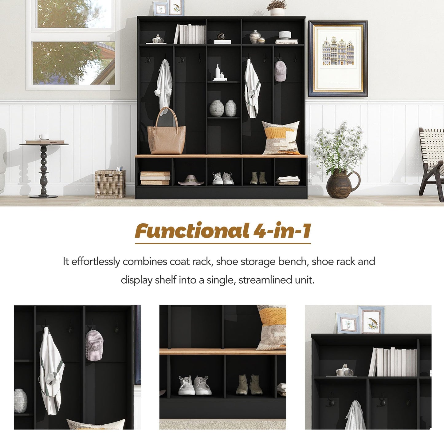 Ball & Cast 69.9" Wide Design Hall Tree with Storage Bench,Multifunctional Coat Rack w/ 8 Hanging Hooks,Modern Shoe Cabinet w/Storage & Shelves,for Entryways, Mudroom,Black
