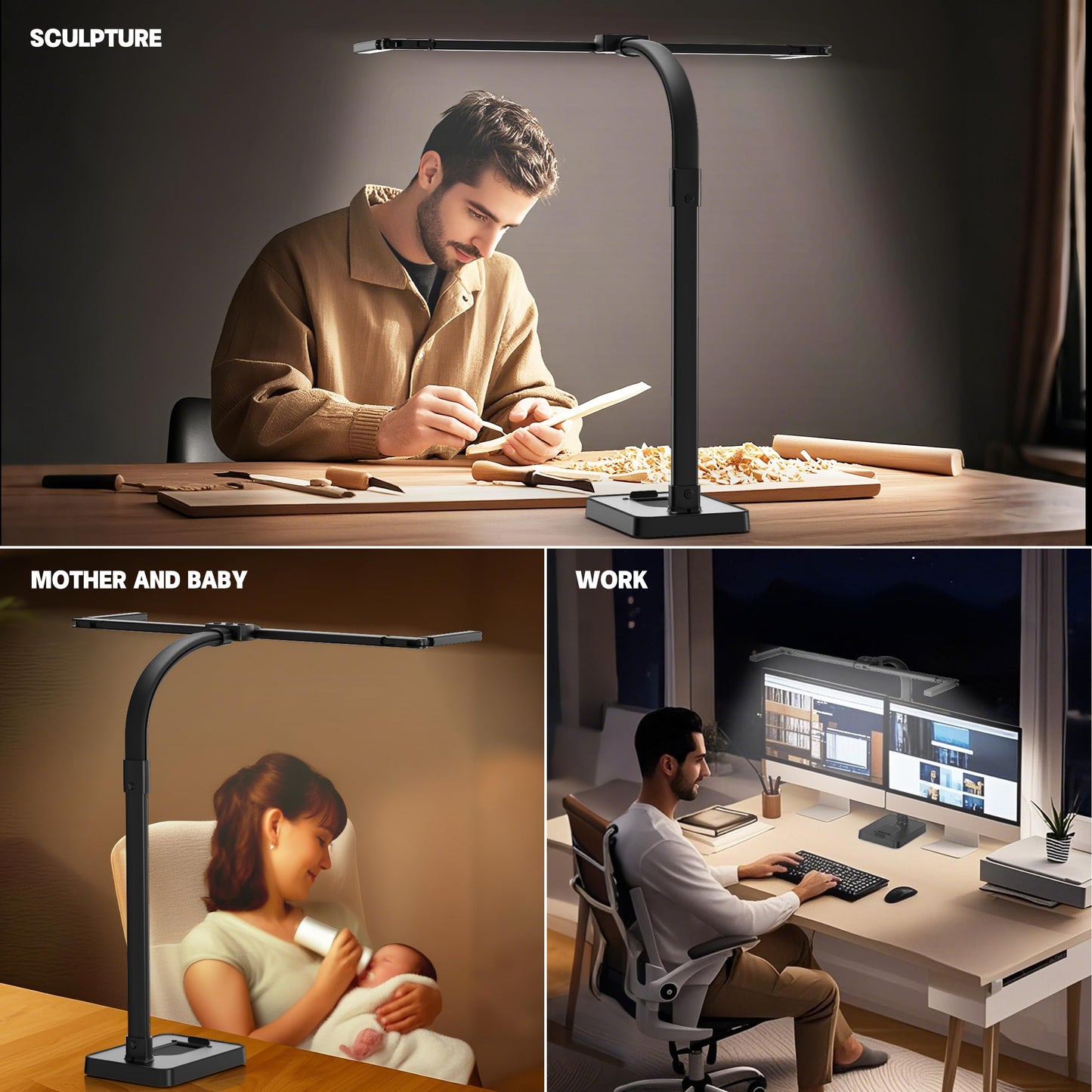 sandiea LED Desk Lamp for Home Office - 24W Bright Double Head Desk Light with Clamp Eye Caring Architect Task Light 25 Lighting Modes Adjustable Flexible Gooseneck Lamp (All Black)