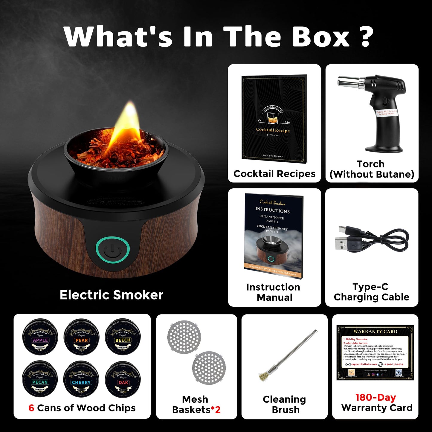 Electric Whiskey & Cocktail Smoker Kit with Torch – Built-in Fan, 6 Wood Chips, Old Fashioned & Whiskey Drink Smoker, Ideal Gift for Dad & Men (Butane Not Included)