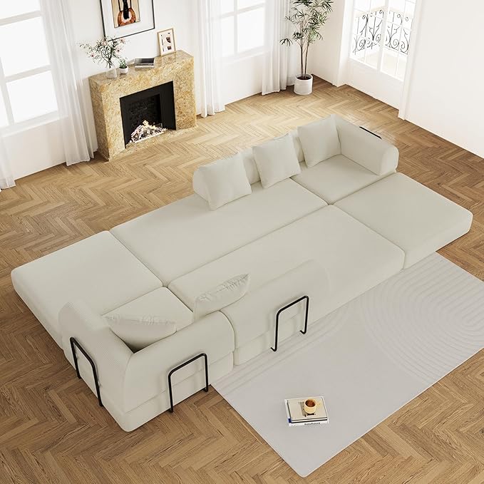 DAMAIFROM 157" Convertible Sleeper Sofa Bed Set with Pillow, 4-in-1 Corduroy Folding Mattress Boneless Couch with Fixed-Shape Frame, Fold Out Floor Sofa Cama Lounge Couch for Living Room, Beige White