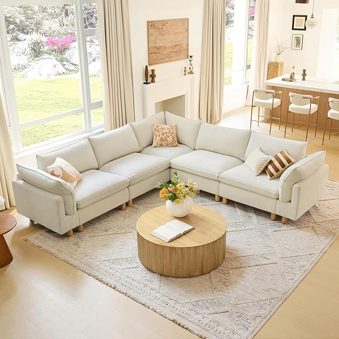 CHITA 118" Super Large Sectional Couches for Living Room, Modular Cloud Couch Sectional Sofa, Premium Fabric Couches, Down Filled, High Density Foam, Chenille in Cream, 5 Seat Corner Couch