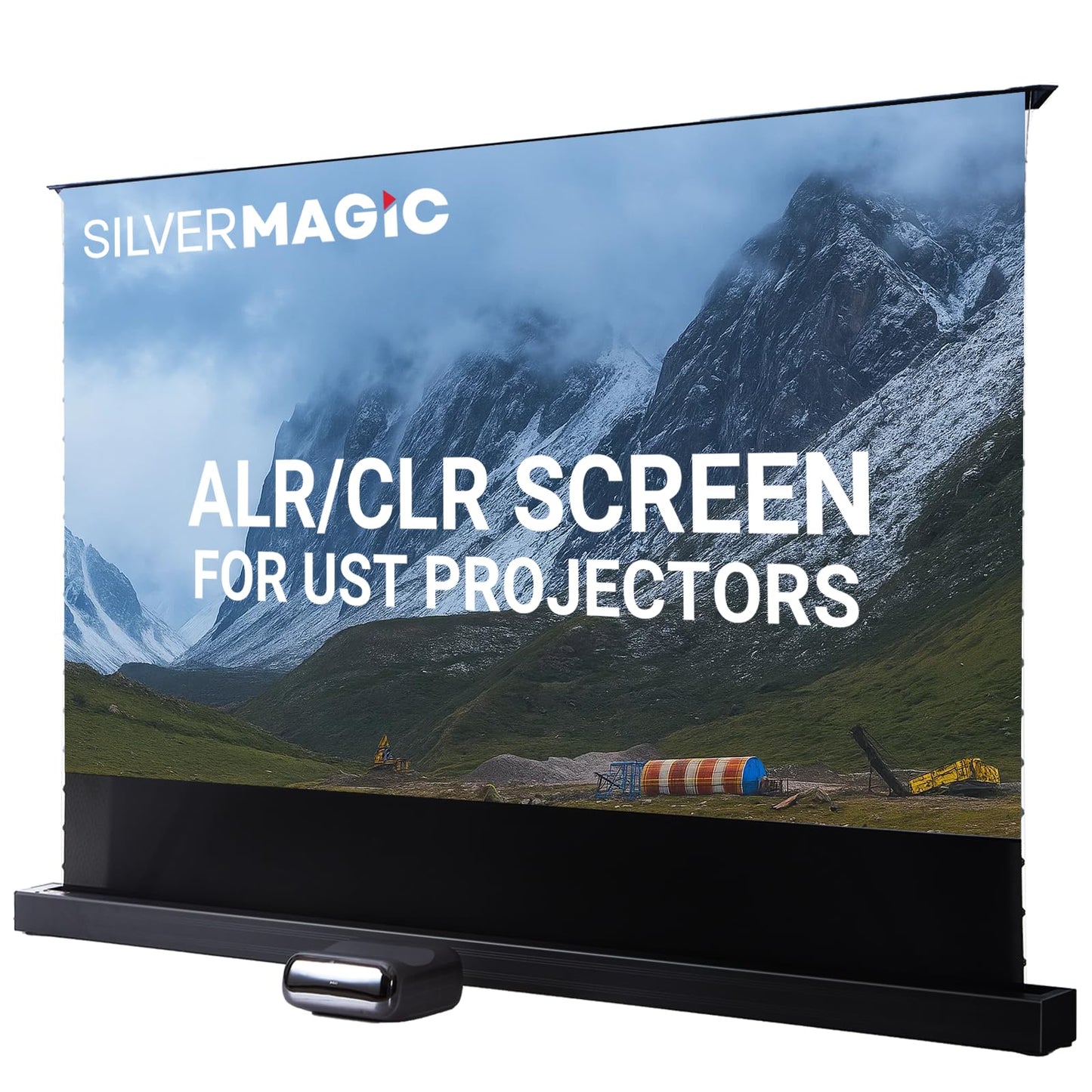 SilverMagic ALR/CLR Motorized Floor Rising Projector Screen for UST Projectors 120”, 95% Ambient Light Rejecting, 4K/8K Ultra HD, Active 3D, for Home Theater Living Room Bedroom Office