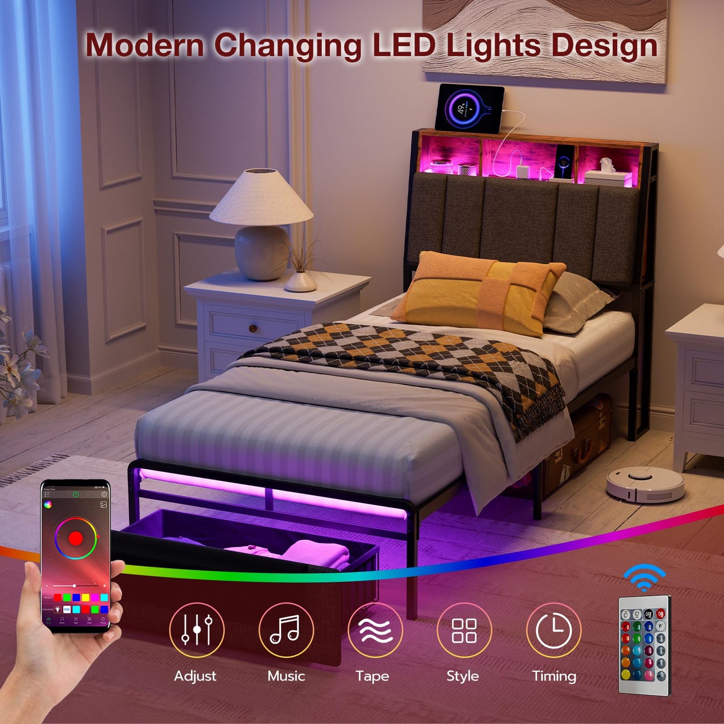 IKIFLY Twin XL Bed Frames with Ergonomic Hidden Storage Headboard & Dustproof Storage Drawer, Upholstered Twin XL Platform Bed with Charging Station and LED Lights, No Box Spring Needed, Dark Grey