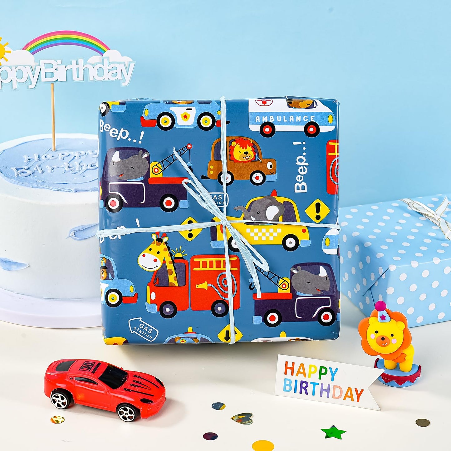 WRAPAHOLIC 30 Inch Jumbo Reversible Car Wrapping Paper - 30 Inch x 33 Feet - Adorable Police Car Fire Trucks Animal Wrapping Paper for Kids Boys Birthday, Baby Shower
