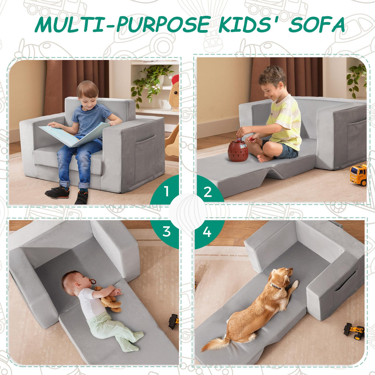 Kids Couch, 2-in-1 Toddler Chair Comfy 1-3 Years, Convertible Kids Chair, Toddler Couch That Fold Out, Kid Lounge Chairs for Boys and Girls, Soft Coral Fleece, Grey