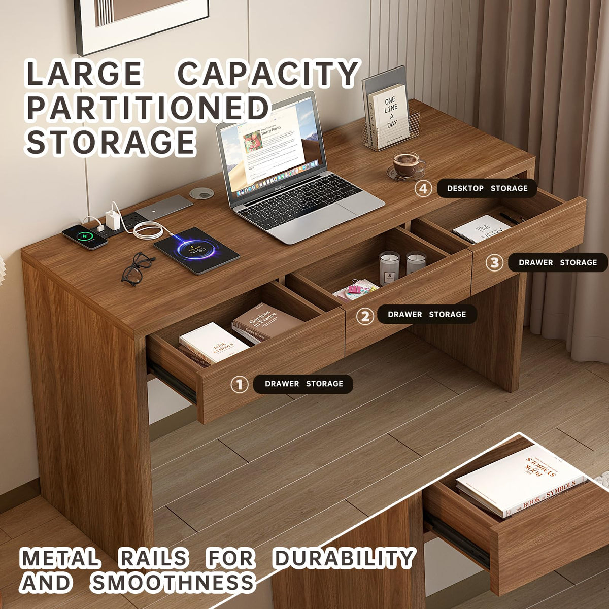 Messenya 55-Inch Office Desk with Pull-Out Outlet, Computer Desk with 3 Sturdy Drawers, Writing/Gaming/Work/Study Desk for Bedroom, Living Room & Home Office, Brow (Brown, 55)