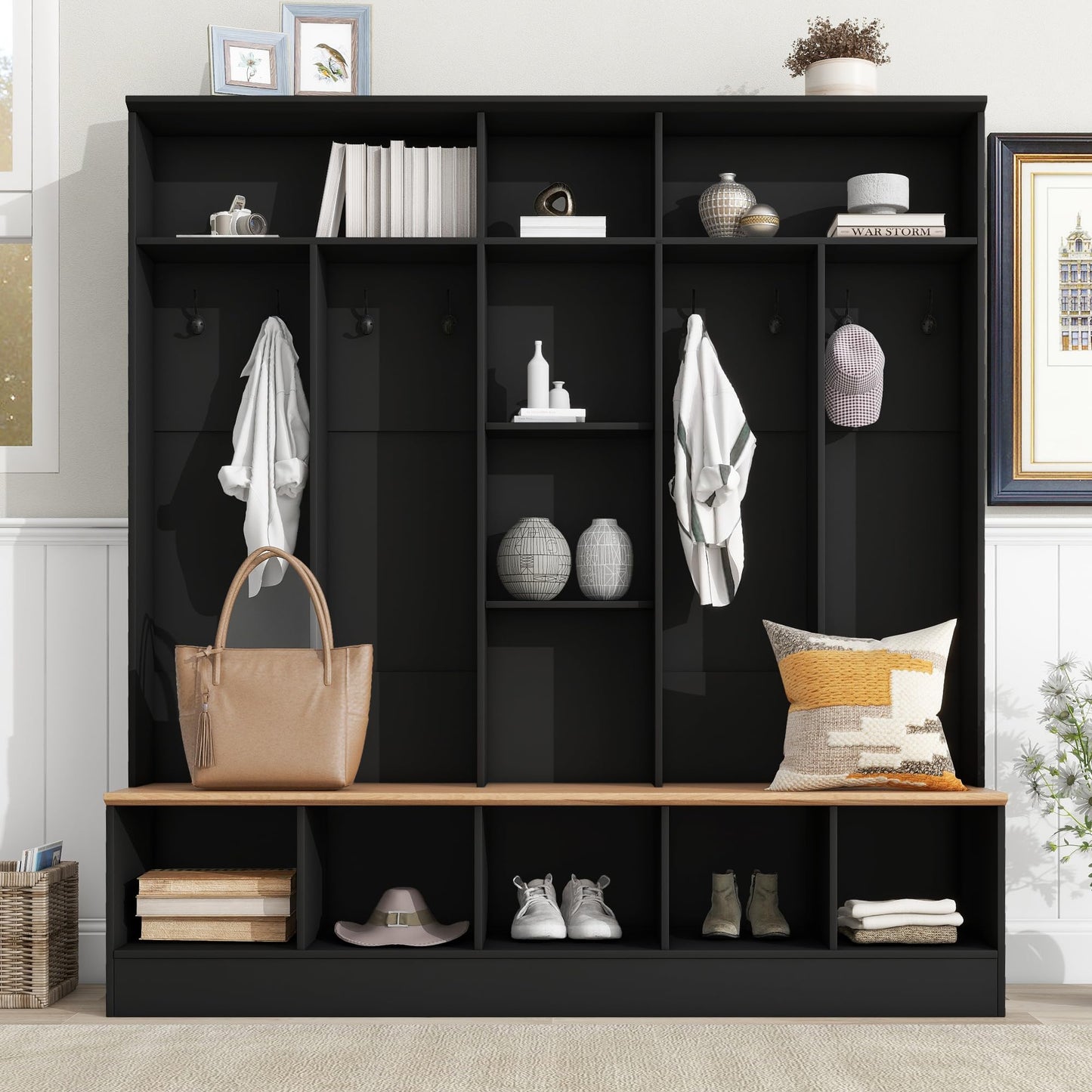 Ball & Cast 69.9" Wide Design Hall Tree with Storage Bench,Multifunctional Coat Rack w/ 8 Hanging Hooks,Modern Shoe Cabinet w/Storage & Shelves,for Entryways, Mudroom,Black