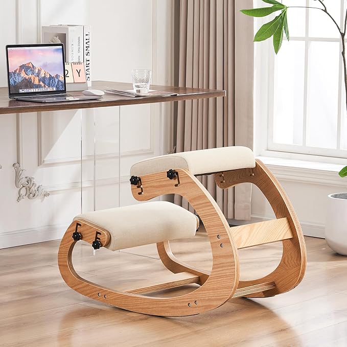 MoomJiee Ergonomic Kneeling Chair, Adjustable Rocking Knee Chairs for Home Office, Wooden Office Knee Chair for Back Pain Relief, Beige