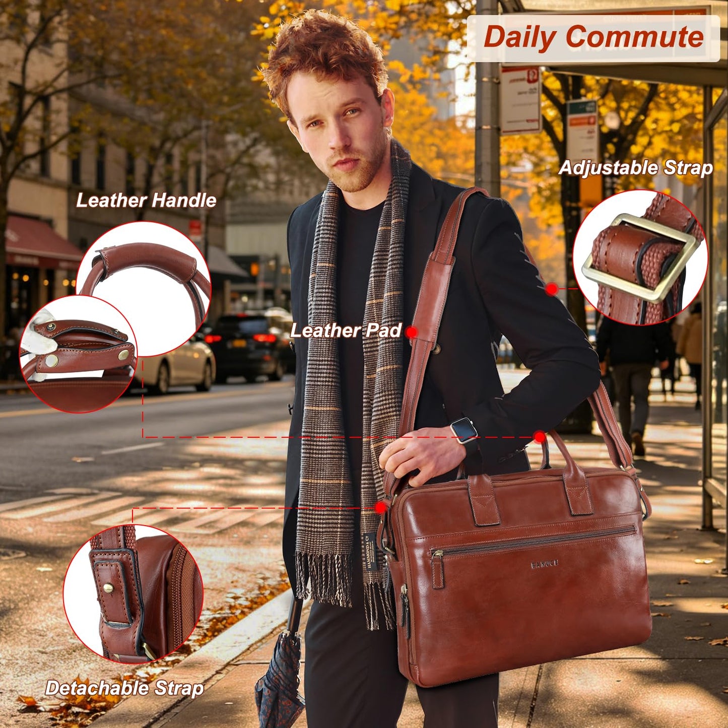 Banuce Premium Italian Full Grain Leather Briefcase for Men 14 Inch Laptop Bag for Business Travel Office Work with Luggage Strap and Shoulder Strap Brown