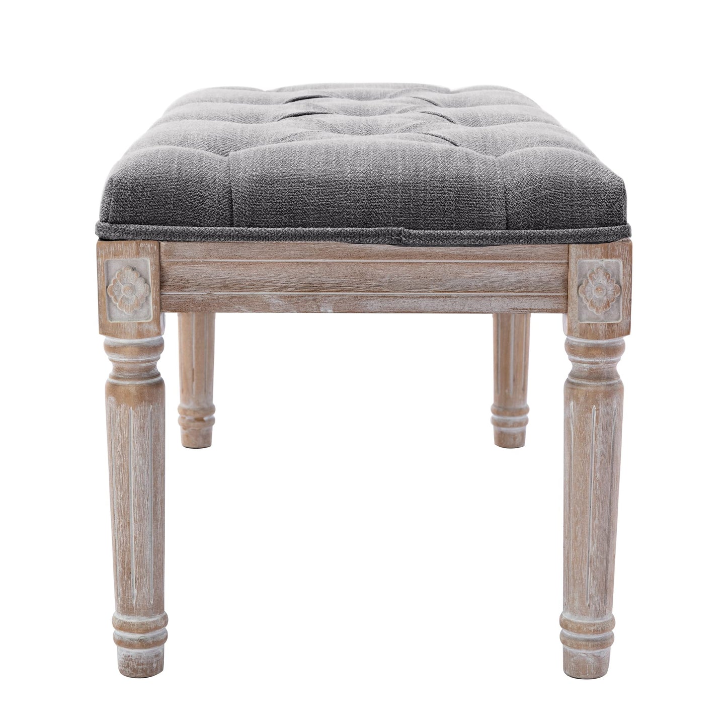 DM Furniture Ottoman Bench Upholstered Fabric Rectangle Entryway Bench, Tufted Piano Bench for 2 People, Rubber Wood Legs with Beautiful Carved Pattern for Bedroom/Living Room/Dining Room (Grey)