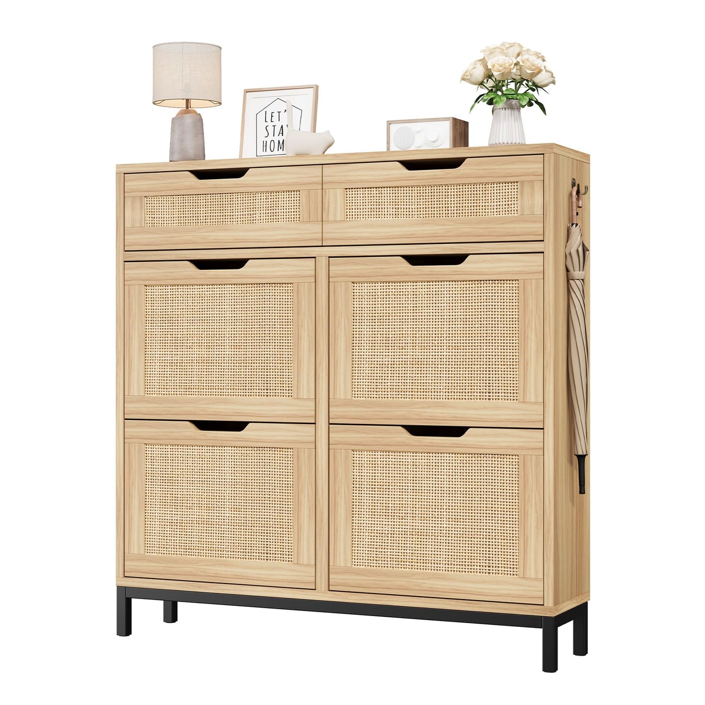Jocoevol Rattan Shoe Cabinet for Entryway with 4 Flip Drawers & 2 Top Drawers, Freestanding Narrow Shoe Storage Cabinet with Metal Legs for Foyer, Hallway (Natural)