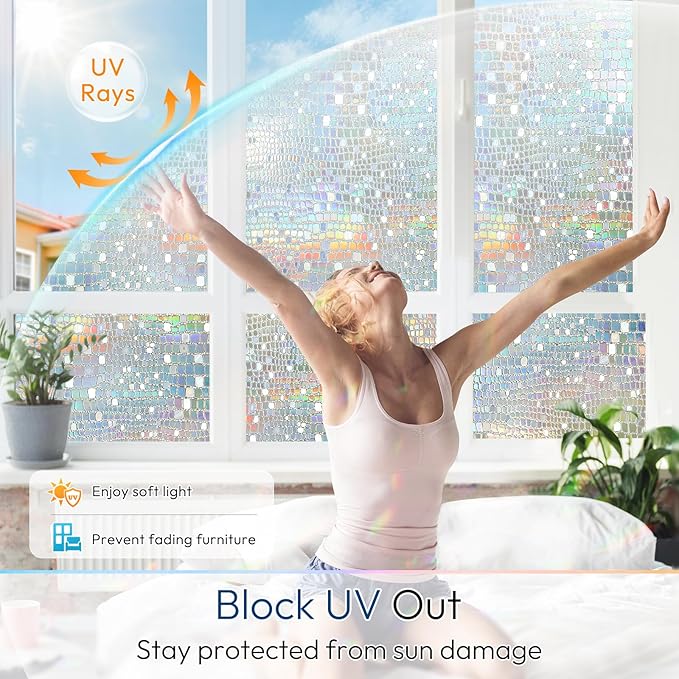 rabbitgoo Window Privacy Film Rainbow Window Film, Mosaic Decorative Stained Glass Cling, Removable Static Cling Tint UV Blocking, Non-Adhesive Privacy Covering, 35.4 x 78.7 inches