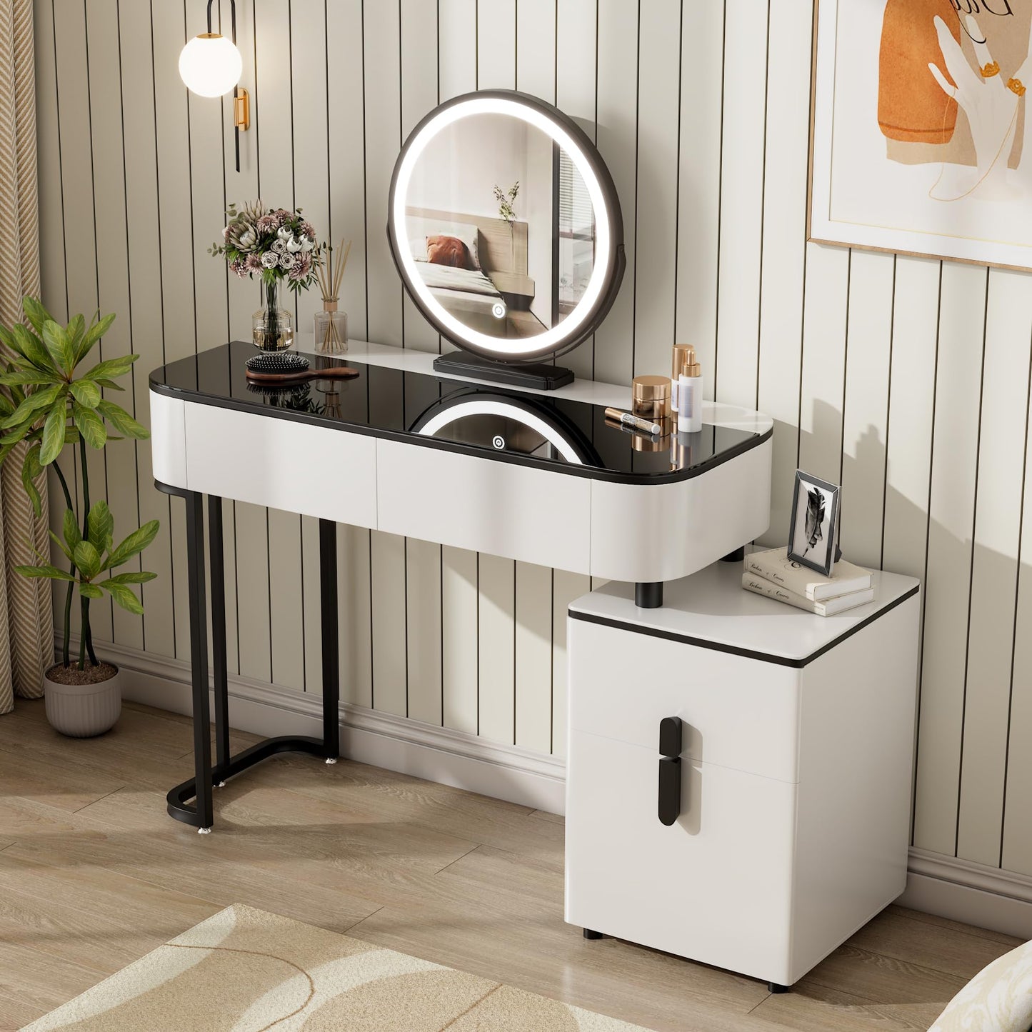 KDCAS Small Vanity Desk with Mirror and Lights| Modern Makeup Vanity Table with Adjustable Nightstand and 4 Storage Drawers| Black and White Dressing Table for Bedroom Space