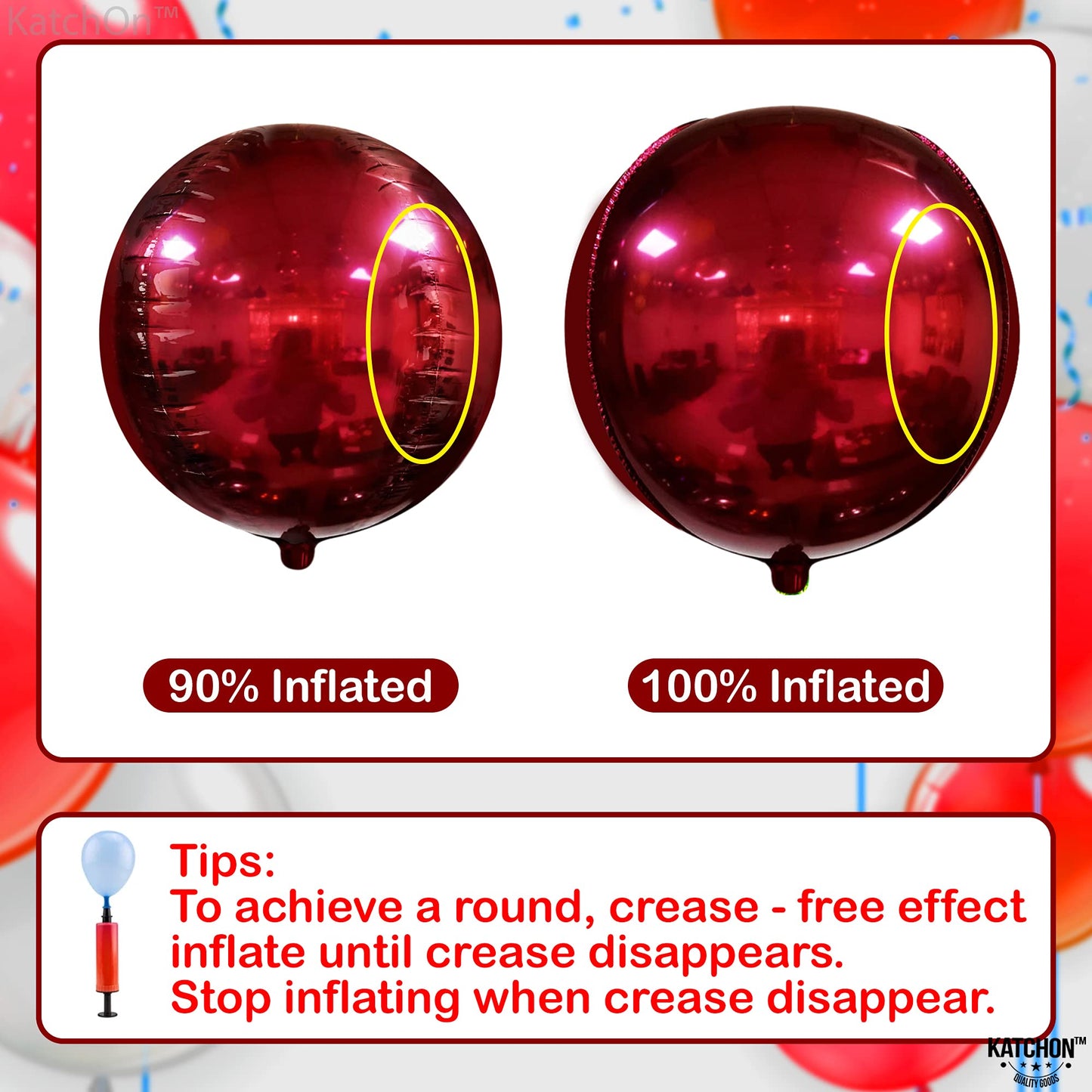 KatchOn, Huge Metallic Red Balloons - 22 Inch, Pack of 6 | Round 4D Mylar Balloon for Red Party Decorations | Burgandy Balloons for Birthday, Anniversary, Bachelorette, Vampire Party Decorations
