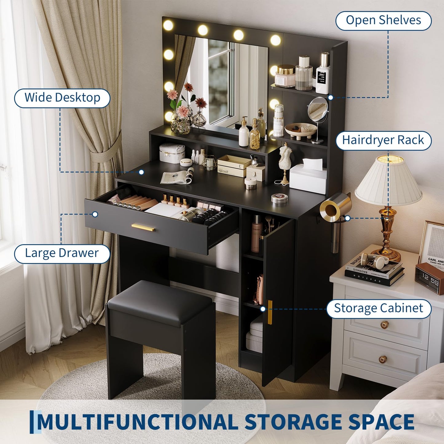 GarveeHome Makeup Vanity Desk with HD Mirror & 10 LED Bulbs, Dressing Table with Charging Station, Adjustable 3 Lighting Modes, Hairdryer Rack & Cushion Stool, Modern Bedroom Vanity Set, Black