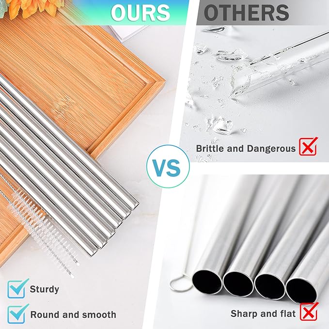 6pc Stainless Steel Straws Reusable for Stanley Tumbler 40 oz, 12 Inch Metal Straight Replacement Straw with Silicone Tips, Straw Covers and Cleaning Brushes