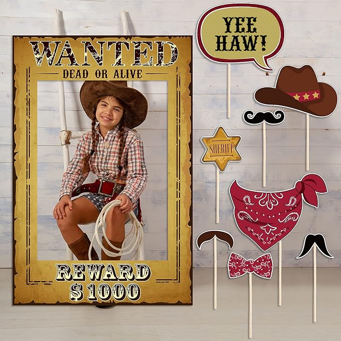 Blulu 9 PCS West Wanted Photo Booth Prop Kit - 24 x 17 '' Wild Western Selfie Booth Poster Frames for Cowboy Cowgirl Theme...