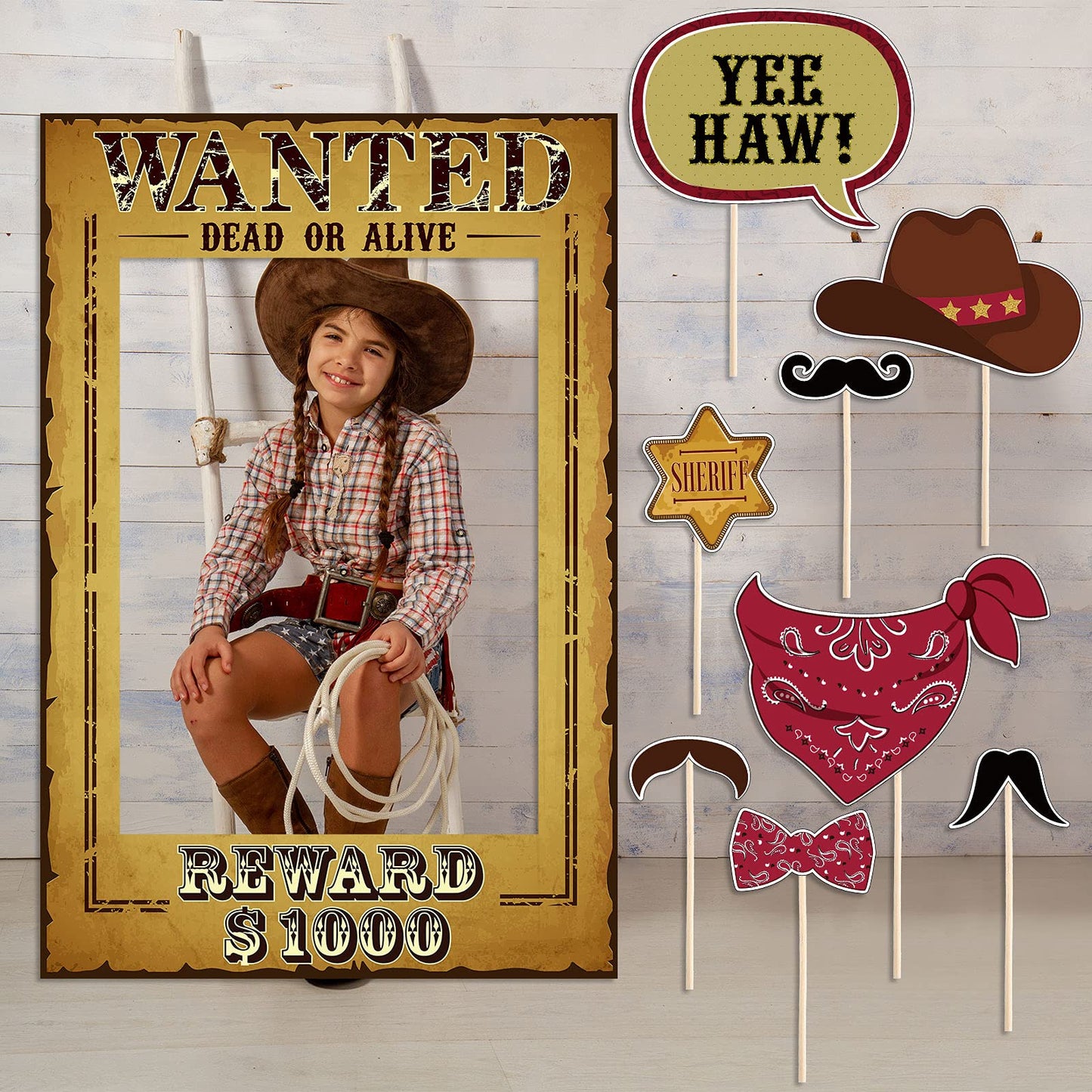 Blulu 9 Pieces West Wanted Photo Booth Prop Kit Cowboy Party Decoration Cowboy Theme Photo Prop Set Wild Western Selfie Booth Poster for Cowgirl Rustic Party Supplies, 23.62 x 15.74 Inch
