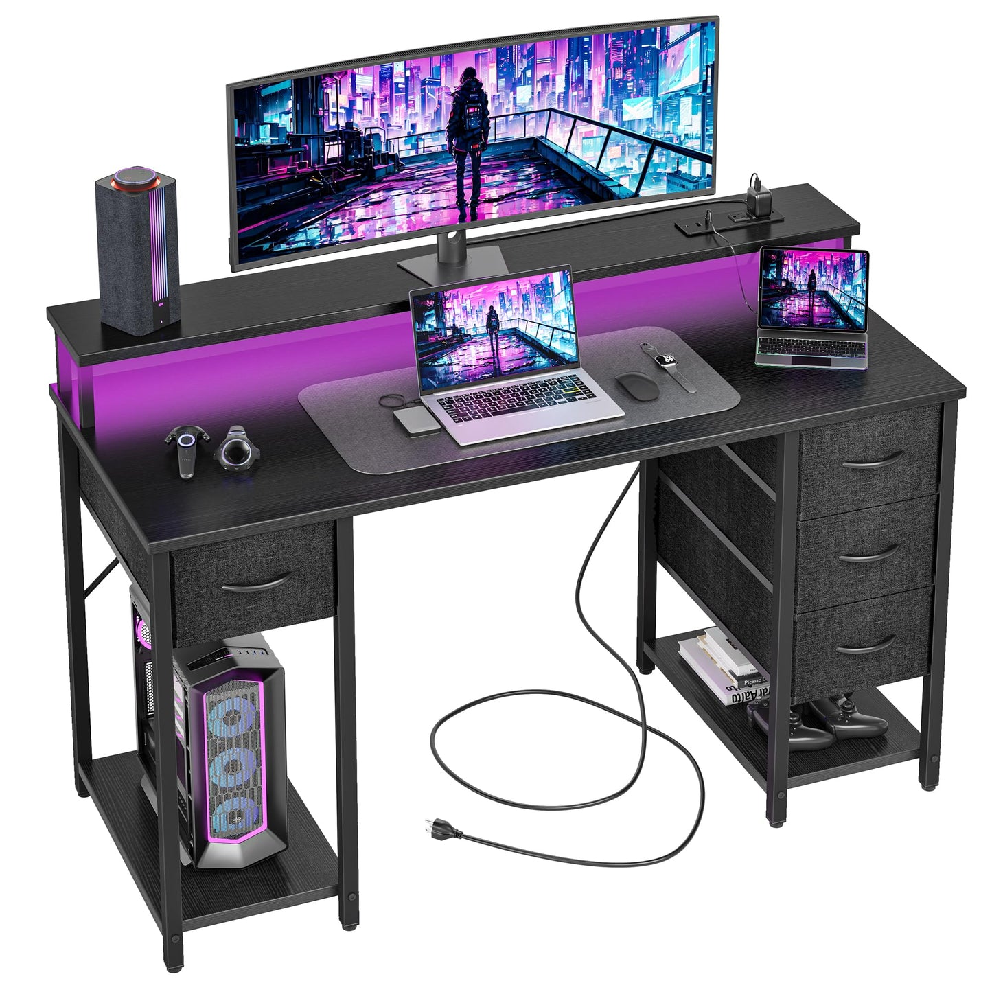 TIQLAB Computer Desk with 4 Drawers & LED Lights, 47 Inch Gaming Desk with Monitor Stand & Power Outlets, Home Office Desk with Large Storage Space, Study Work Table for Bedroom, Black