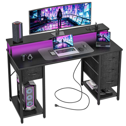 TIQLAB Computer Desk with 4 Drawers & LED Lights, 47 Inch Gaming Desk with Monitor Stand & Power Outlets, Home Office Desk with Large Storage Space, Study Work Table for Bedroom, Black