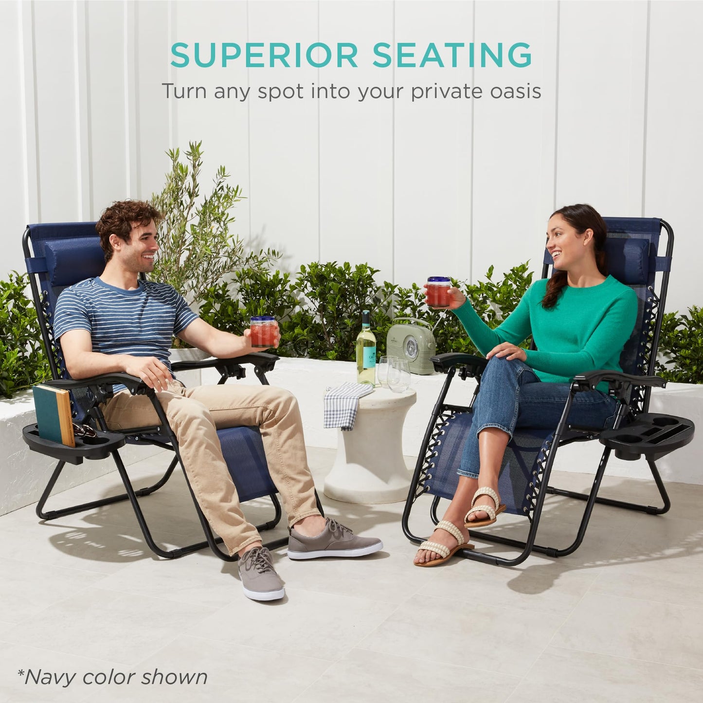 Best Choice Products Set of 2 Adjustable Steel Mesh Zero Gravity Lounge Chair Recliners w/Pillows and Cup Holder Trays - Ice Gray