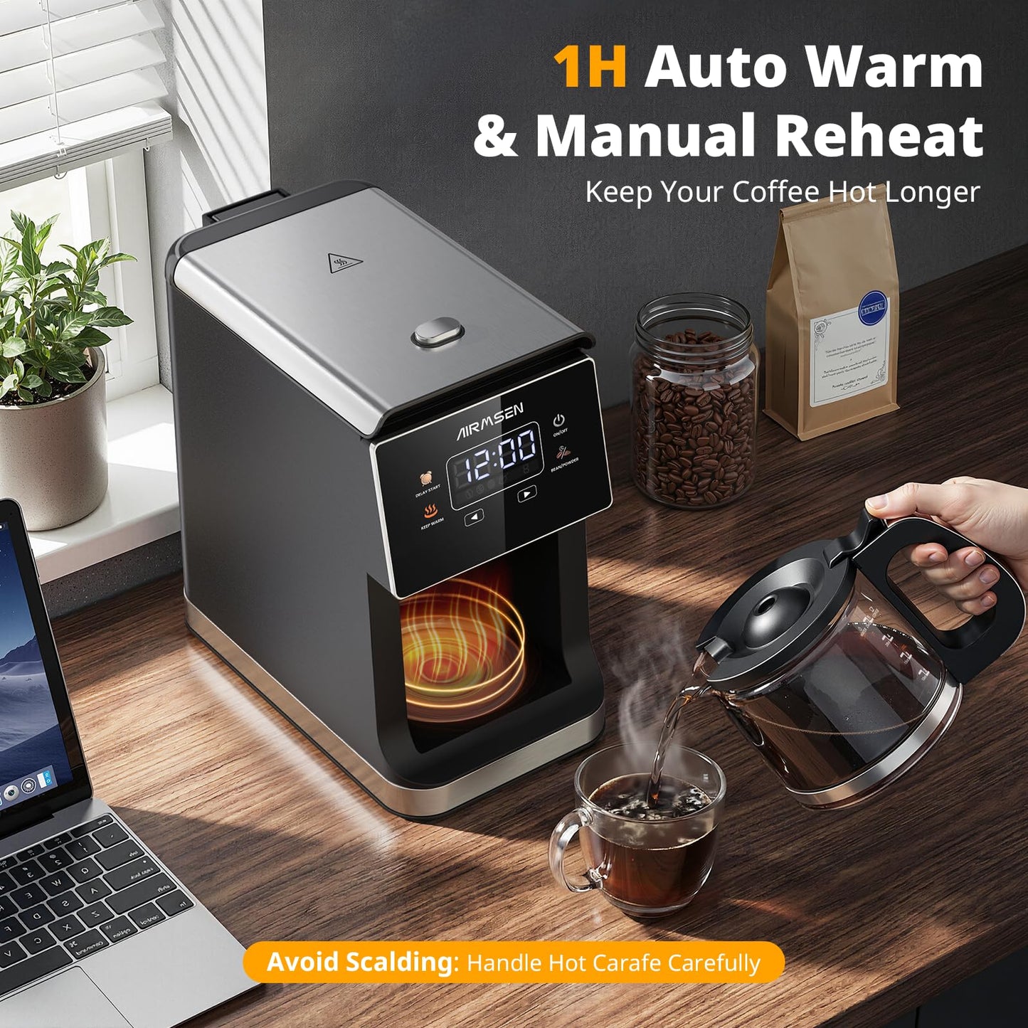 AIRMSEN Grind & Brew Coffee Maker with Built-in Grinder, Programmable Single Serve Coffee Maker - 5 Cup-800ML, 3 Grind Settings, Auto Keep Warm & Glass Carafe for Small Home and Office