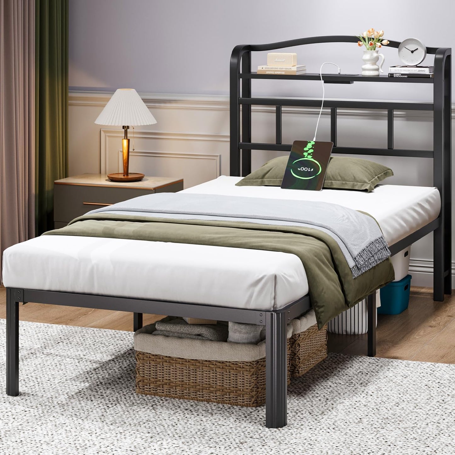 HAVONIZD Twin Bed Frame - Storage Headboard with Charging Station, 14 Inch Sturdy Metal Platform Bed Frame No Box Spring Needed, Easy Assembly, No Noise, Black