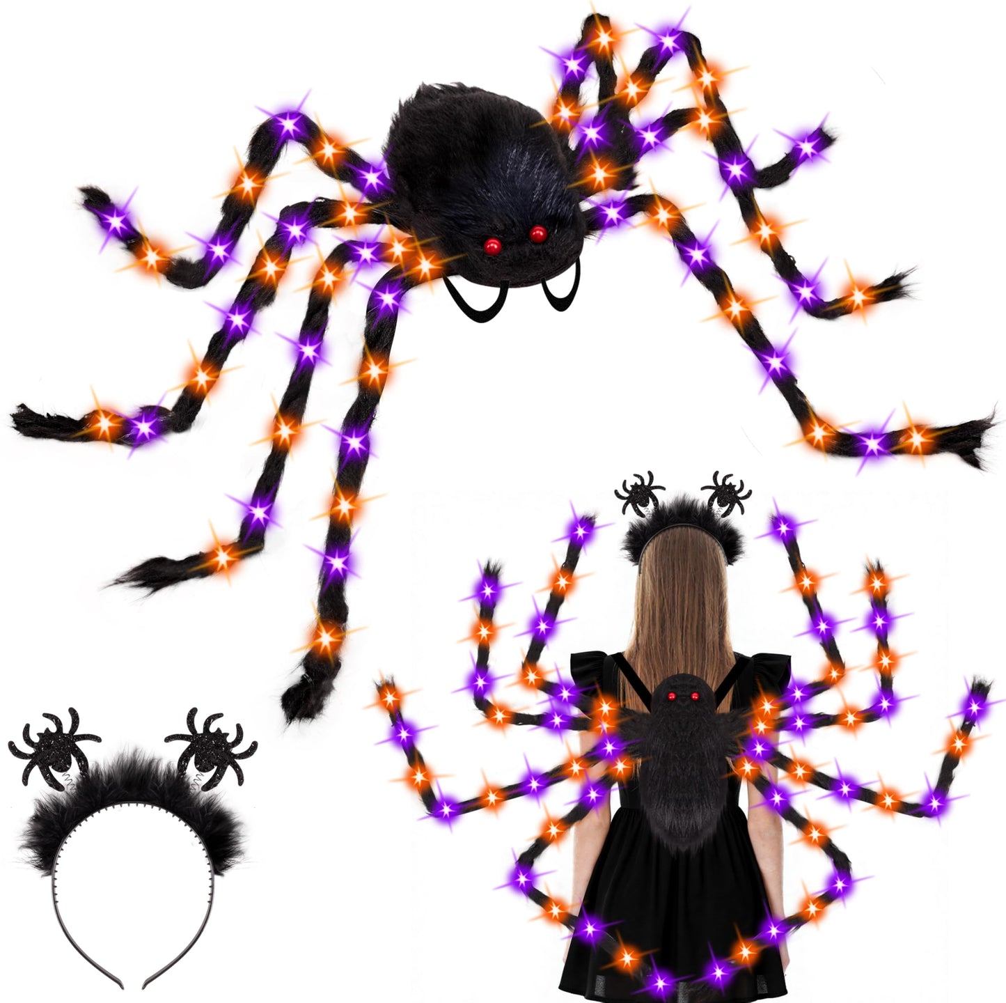 Halloween Spider Costume for Adult Orange Black LED Lights Candy Backpack Headband Ring Tattoos for Trick or Treat Cosplay Halloween Party Decorations Accessories (Batteries Not Included)