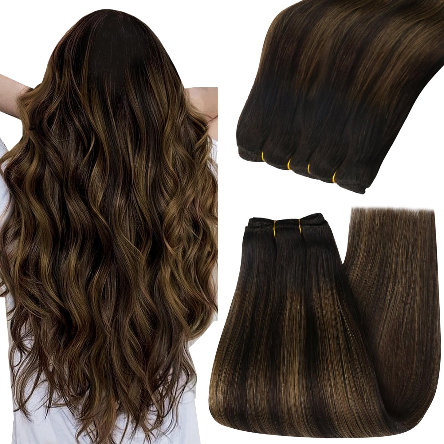 YoungSee Sew in Hair Extensions Brown Balayage Weft Human Hair Extensions Balayage Darkest Brown Mixed with Light Brown Human Ha