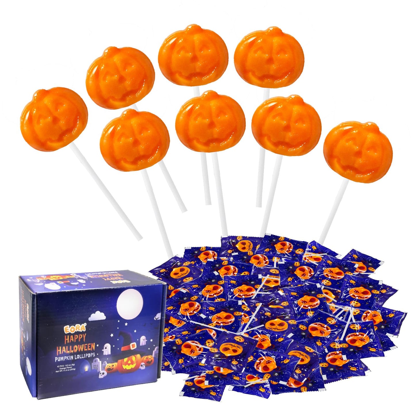 Halloween Lollipop Suckers Candy 42 Pack, Pumpkin Candy Lollipops, Jack-O'-Lantern Shaped Candies Sucker Lollipops Individually Wrapped for Halloween Goody Bag Fillers - Trick or Treat