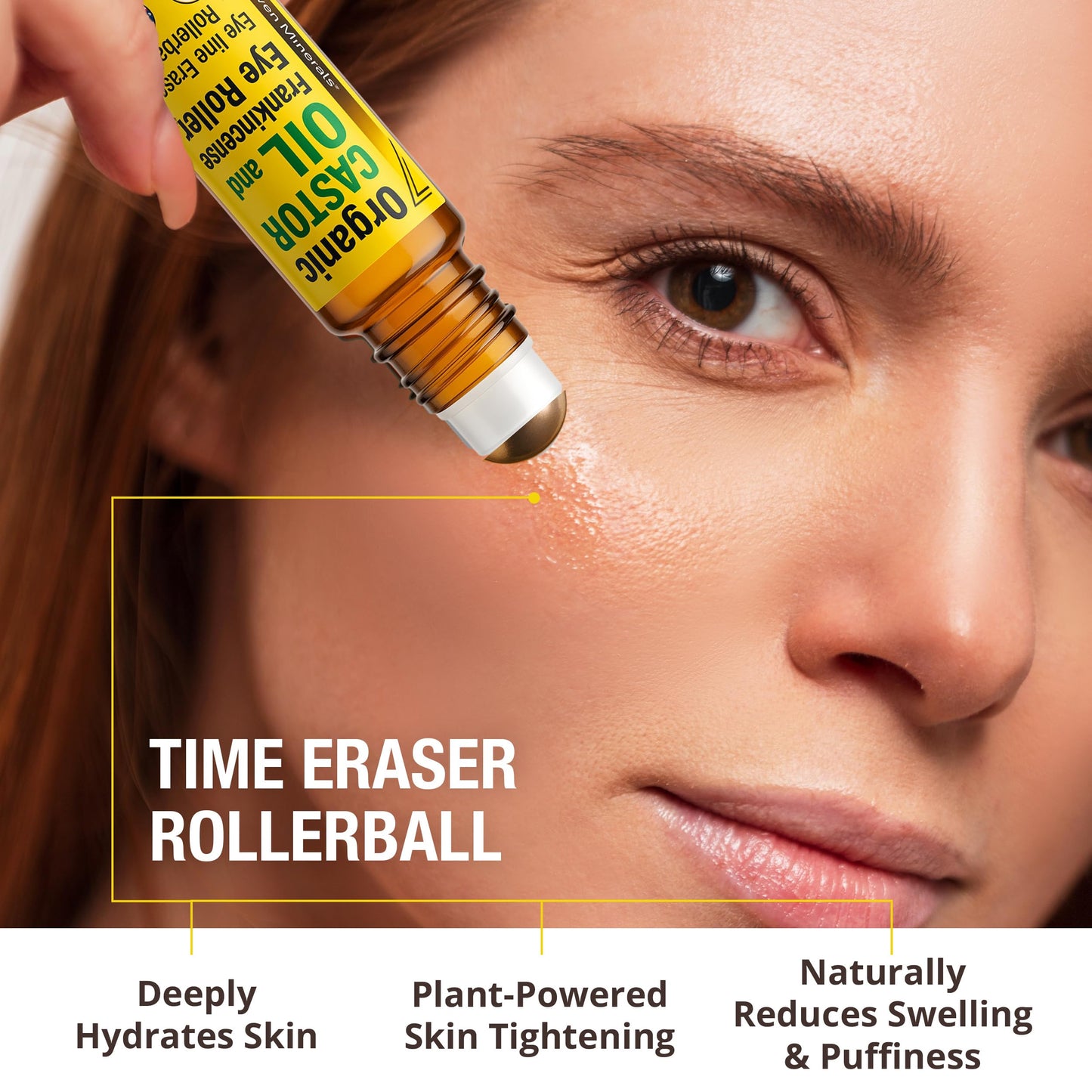 Seven Minerals Organic Castor Oil Roll On Eye Roller for Under Eye Bags, Dark Circles & Wrinkles - Organic Blend of Castor Oil A