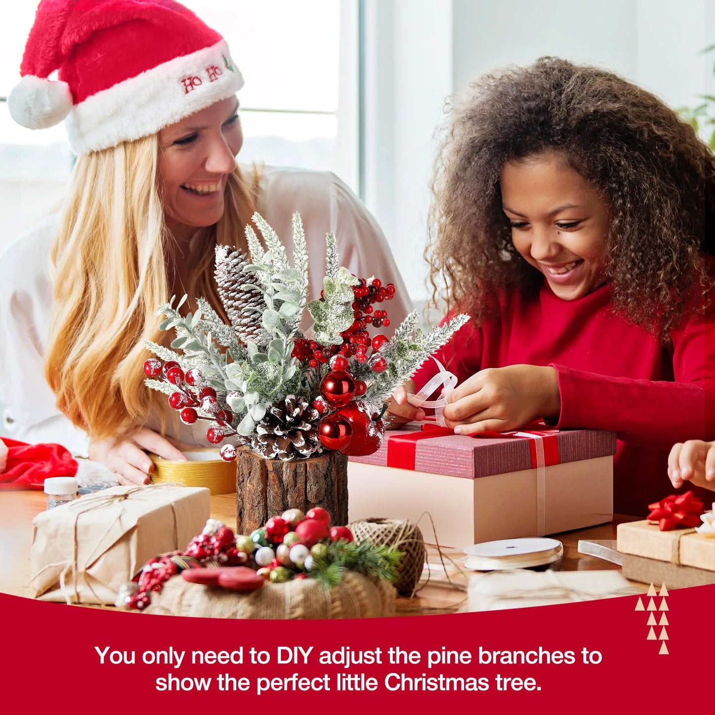 Hatisan Small Christmas Tree with Christmas Ornaments Pine Cone Berry, Tabletop Artificial Christmas Tree for Christmas Decorations Home Room Party Winter Indoor Outdoor(2 Pack Red-Round)
