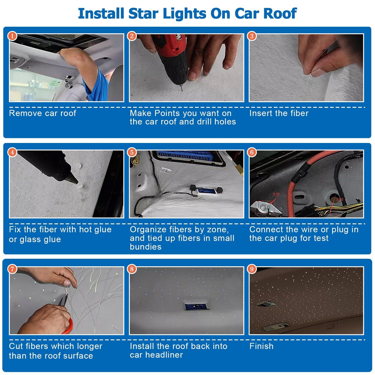 AZIMOM 16W Twinkle & Sound Activate 450pcs*0.03in*9.8ft Fiber Optic Starlight Headliner Kits for Car Home Star Ceiling Sky Decoration, APP& Remote Control Light Engine End Glow Fiber Strands