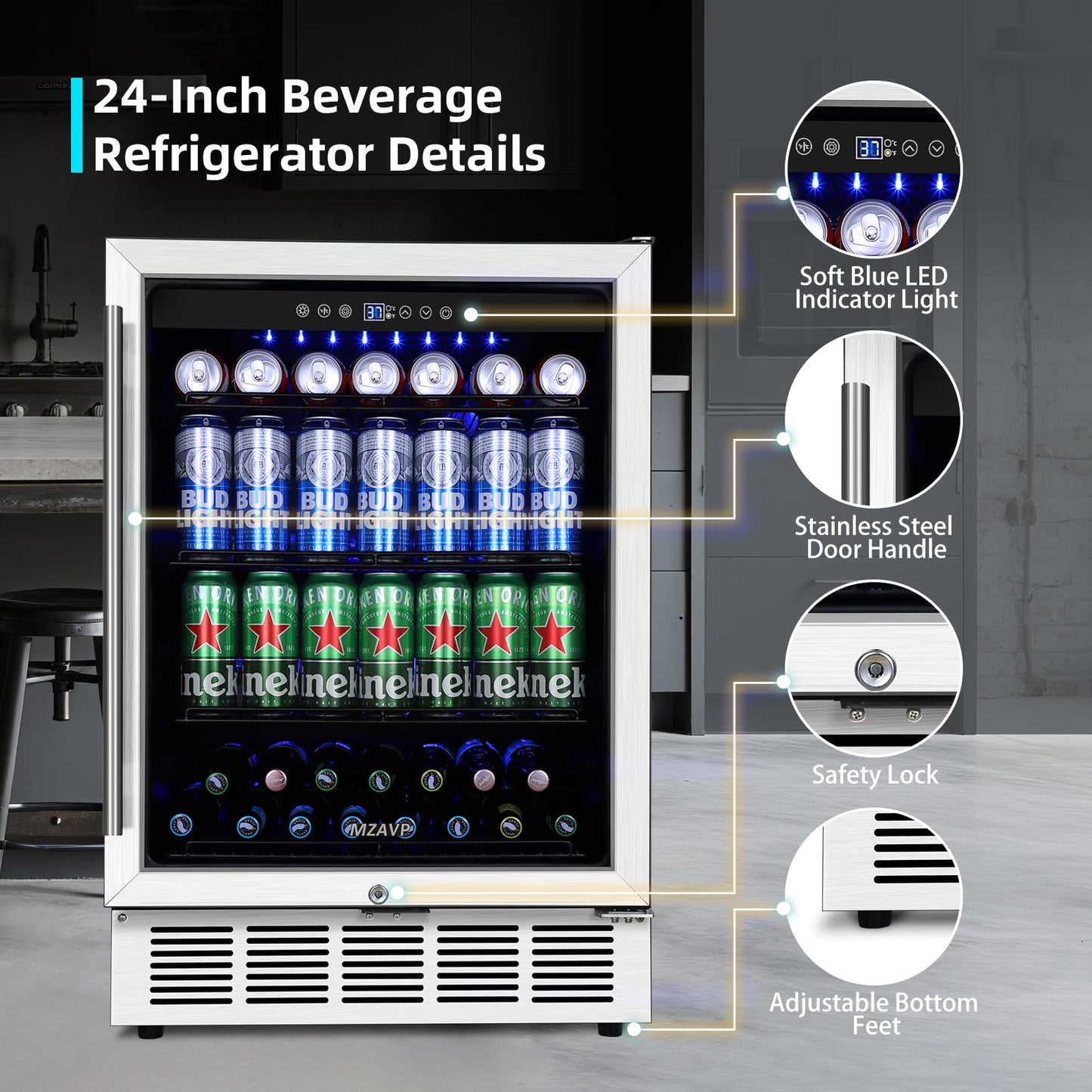 MZAVP 24 Inch Beverage Refrigerator, 180 Cans Built-in Beverage Cooler with Glass Door, Under Counter or Freestanding Drink Fridge with LED Light & Adjustable Shelves For Home Bar Office - Silver