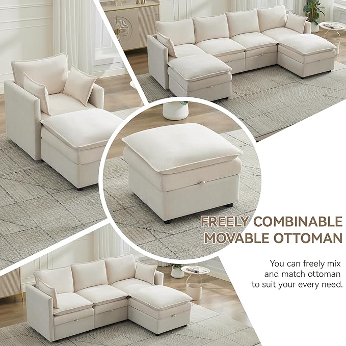Abbrevi 27" Large Square Ottoman with Storage, Modern Upholstered Footrest with Anti-Slip Legs for Couch Coffee Table Living Room, Bedroom, Entryway, Chenille Beige