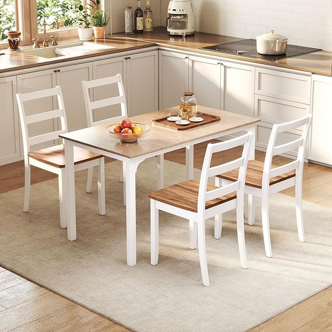 Giantex Dining Chairs, Wooden Armless Kitchen Chairs with Solid Rubber Wood Legs, Farmhouse Ladder Back Dining Chairs for Dining Room (2, White+Brown)