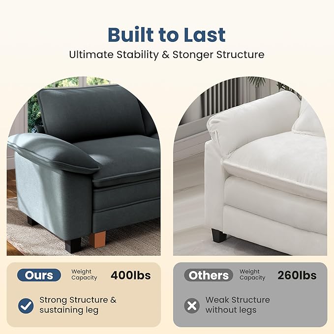PHI VILLA Oversized Single Armless Sofa with Ottoman, Upholstered Chaise Lounge Chairs, Indoor Cloud Reading Chair with Deep Seat for Small Spaces, Chenille Fabric, Dark Cyan