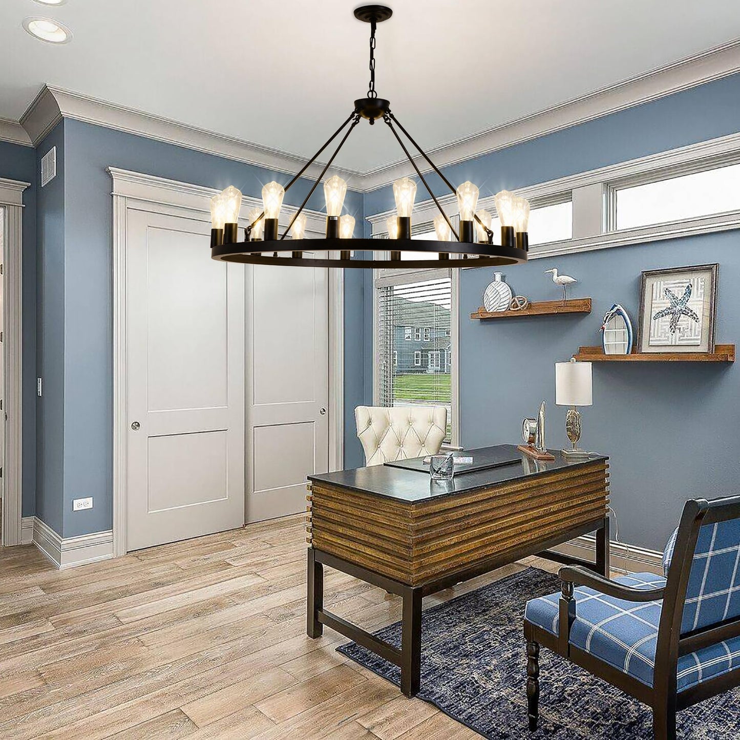JTYP 40" Black Wagon Wheel Chandelier,E26 16-Light Large Round Rustic Farmhouse Chandelier Industrial Pendant Light Fixtures for Dining Room Living Room Kitchen Island Entryway Foyer