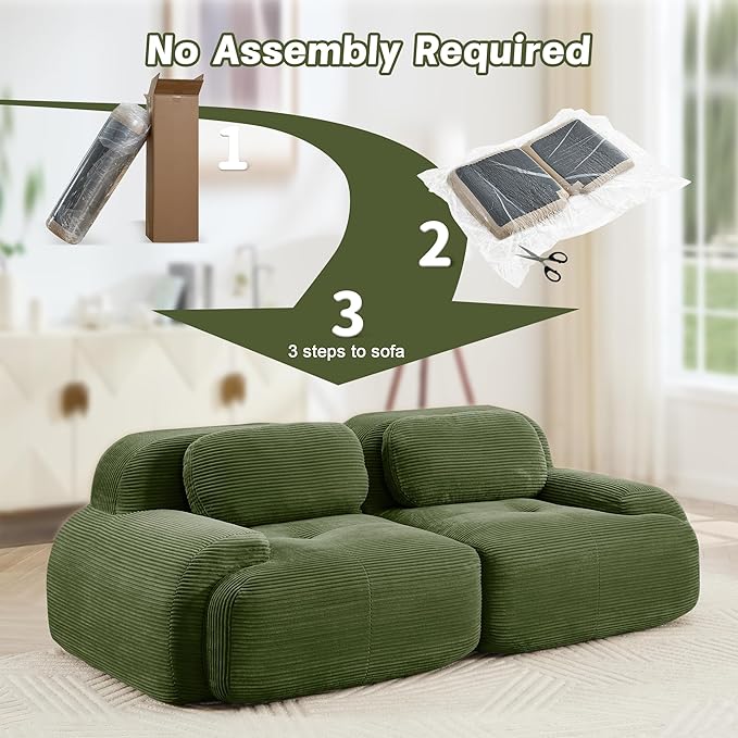 SoarFlash 81" Loveseat Sofa, Comfy Deep Seat, No Assembly, Sofa in a Box, Modern Small Couch with Plush Corduroy Fabric for Living Room, Bedroom, Apartment, Home Office, Green