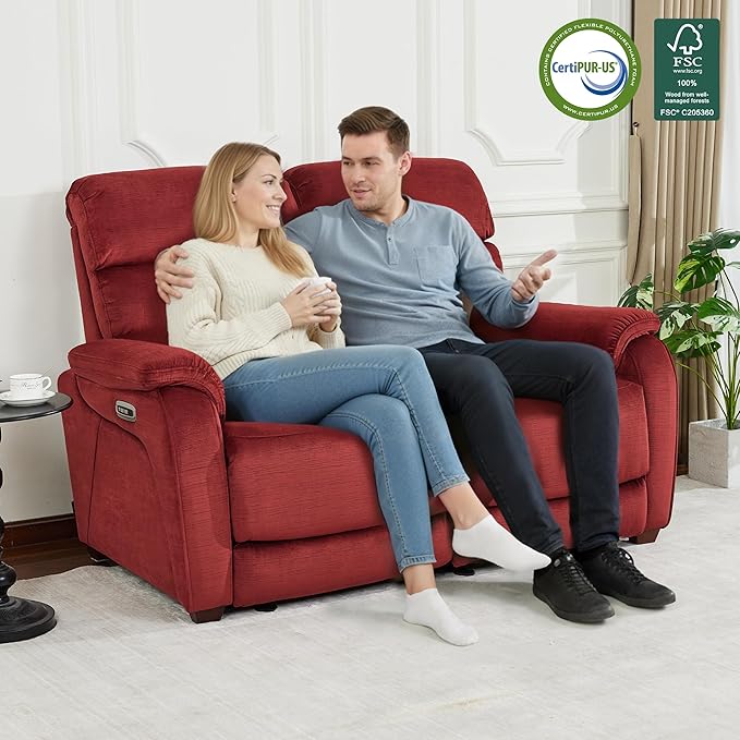 MCombo 61.6'' Wall Hugger Power Loveseat Recliner, Reclining Loveseat with Adjustable Headrest, USB Charge Ports, Wood Legs for Living Room, RVs, Small Spaces, Fabric ST258M1 (Loveseat, Burgundy)