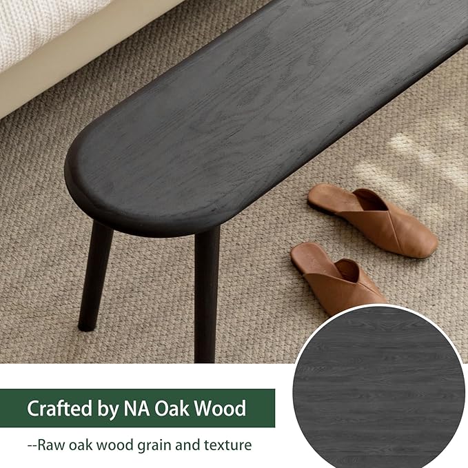 Vadisun 47'' 100% Solid Oak Wood Dining Bench,Rounded Corner Baguette Shape Chair Surface Design,Entryway Bedroom Bed End Bench (47.3inch, Black)