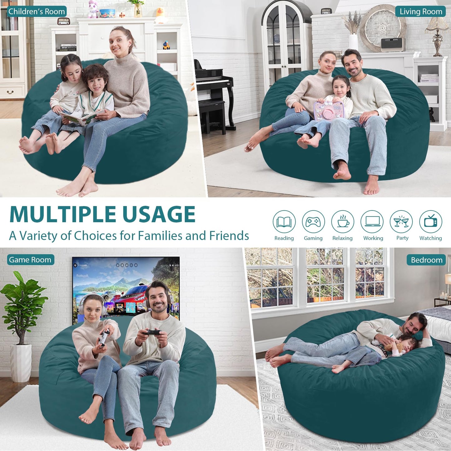 SIMFLAG 5FT Bean Bag Chair, Large Bean Bag Chairs with Memory Foam Filled, Fluffy Beanbag Sofa with Dutch Velvet Cover, Round BeanBag Chairs for Living Room, Playroom- Sea Blue