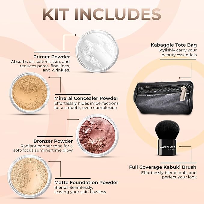 6pc FULL SIZE KIT KABUKI & KABAGGIE Tote Mineral Makeup Set Matte Foundation Bare Face Sheer Powder Cover (Warm/Neutral)