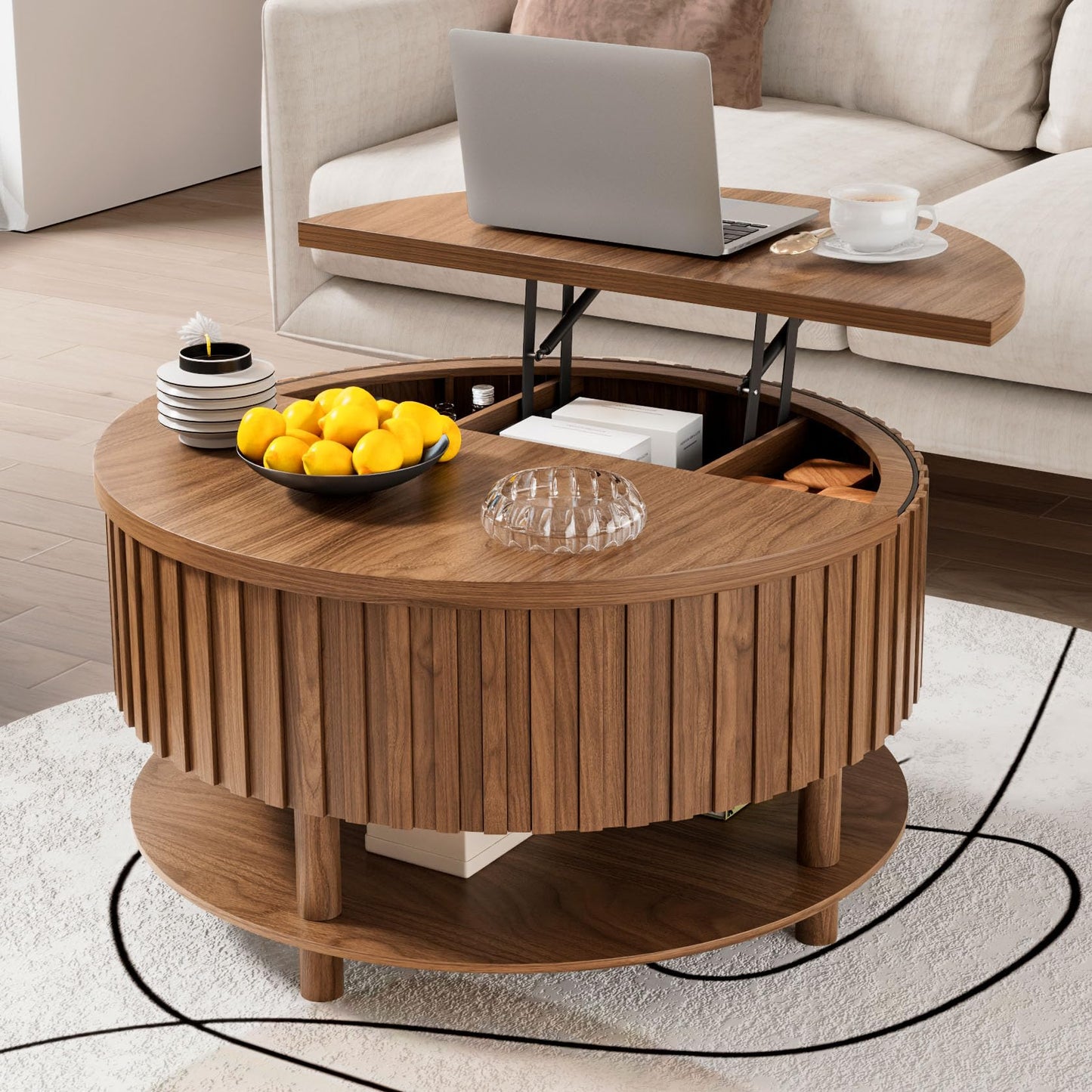 Limaoaio Round Lift Top Coffee Table with Storage, 31.5'' Modern 2-Tier Coffee Table with Hidden Storage Compartment and Open Shelf, Fluted Center Table for Living Room Home Office (Walnut)