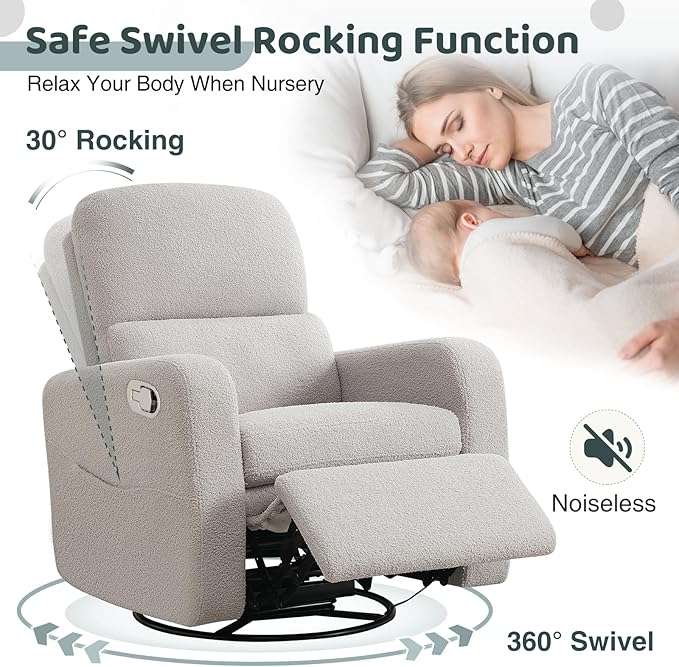 AEMEIOS Swivel Rocker Recliner, Oversized Teddy Manual Nursery Glider Rocking Recliner with Removable Cushion, Upholstered Boucle Swivel Reclining Chair for Nursery Living Room Bedroom, Teddy Gray