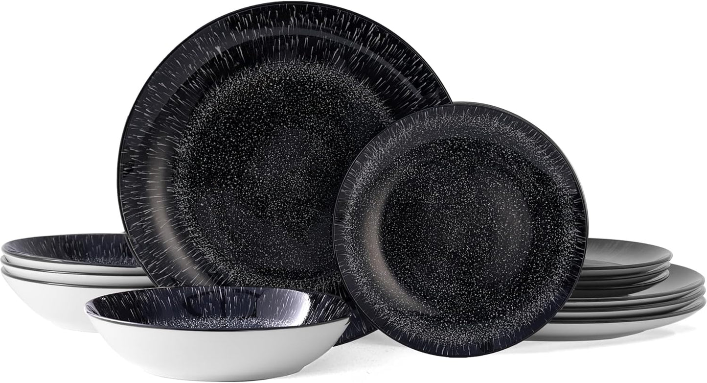 Bestone Plates and Bowls Sets,12 Pieces Round Porcelain Dinnerware Sets,Dishes, Plates, Dishware Sets,Chip Resistant Ceramic Dish Set Dining Dinner Ware Service for 4,Starry Sky Black