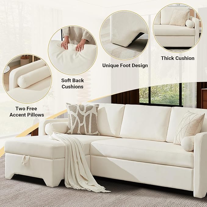 Tbfit 90.6'' 3 in 1 Sleeper Sofa Couch with Storage Chaise, Velvet Sofa Bed with Pull Out Bed, Convertible Sleeper Sofas for Living Room, Small Spaces, White