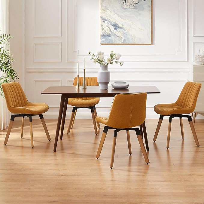 Art Leon Dining Chairs Set of 4, Mid Century Modern Swivel Kitchen Dining Room Chairs, Upholstered Faux Leather Armless Side Chairs with Wood Legs for Living Room Bedroom, Yellow Brown